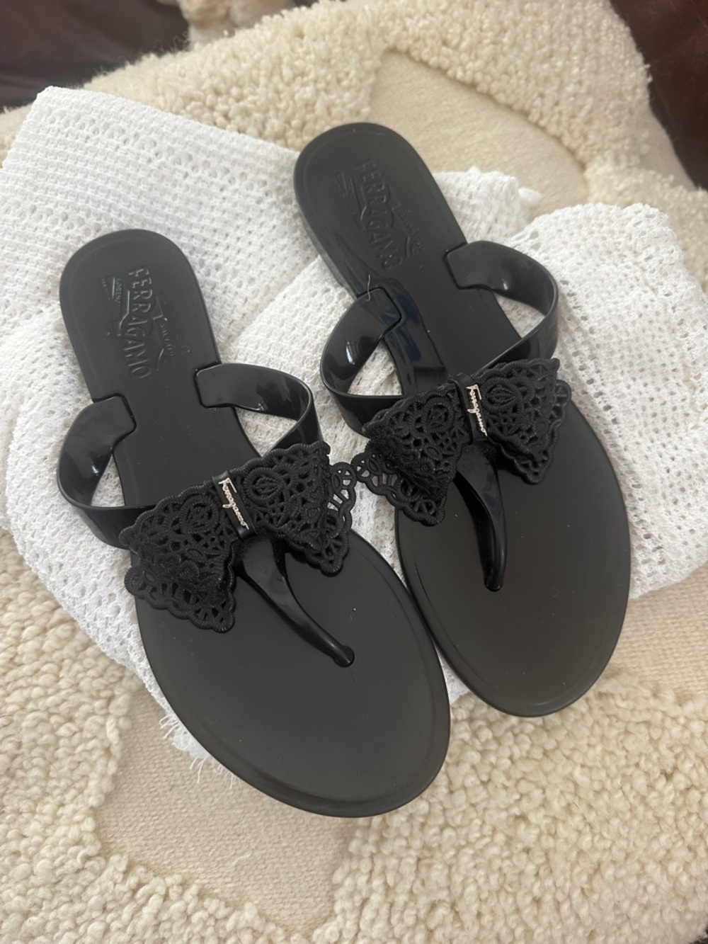 Salvatore Ferragamo Black Lace Bow Jelly Thong Sandals